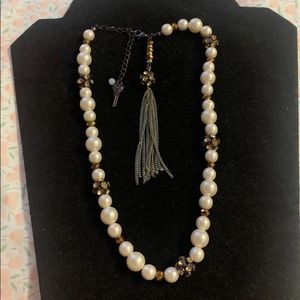Betsy Johnson Tassel Pearl & Rhinestone Necklace
